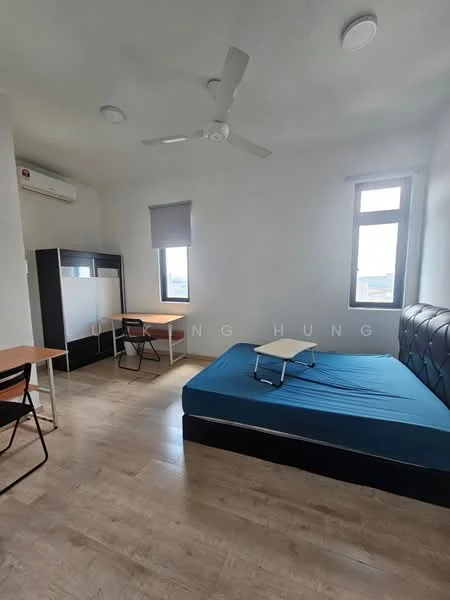 Bedroom features: queen-size bed with blue mattress, upholstered headboard, wooden flooring, white painted walls, 1 wall-mounted split AC, 5-blade ceiling fan, 2 windows with blinds, study desk with chair, built-in wardrobe; style: modern; view: city.