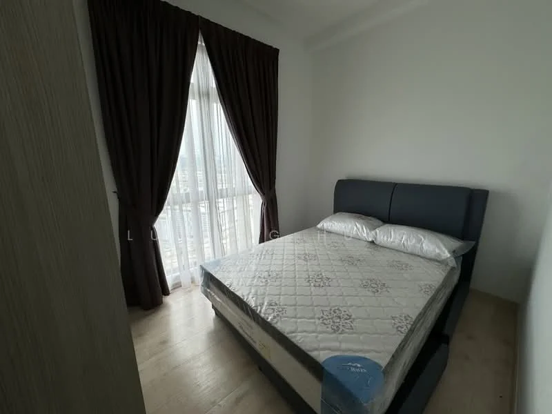 Bedroom features: queen-size bed, upholstered headboard, white bedding, floor-to-ceiling windows, sheer curtains, dark brown curtains, light wood flooring, decorative wall, built-in wardrobe; style: modern; view: city.