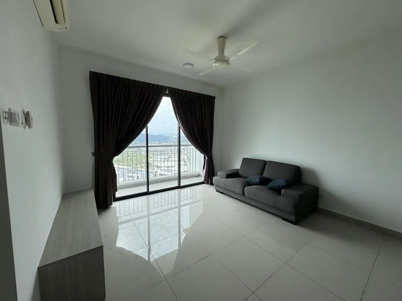 Living features: grey fabric sofa, 3-seater sofa, floor-to-ceiling windows, sliding glass door, curtains in dark brown, white painted walls, ceiling fan, tile flooring, TV console, decorative cushions in blue; style: modern; view: city.