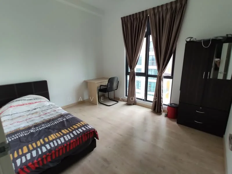 Bedroom features: queen-size bed with dark upholstered headboard, bedding with patterned duvet cover, wooden flooring, floor-to-ceiling window with sheer curtains, black office chair, wooden study desk, dark wooden wardrobe, red waste bin; style: modern; view: city.