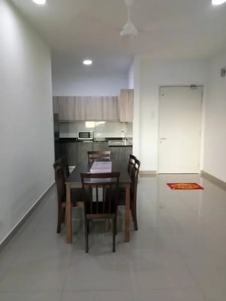 Dining features: dining table with four wooden chairs, white painted walls, glossy ceramic tile flooring, ceiling fan, recessed LED downlights, kitchen cabinetry with wood finish, microwave, built-in oven, stainless-steel fridge, white countertop, door leading to hallway; style: modern.