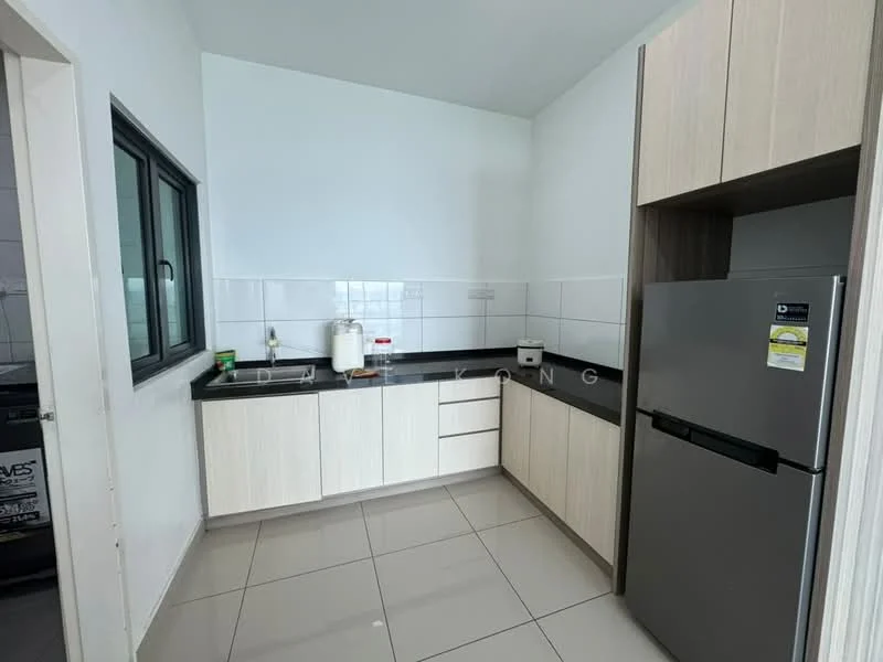 Kitchen features: white painted walls, grey laminate cabinetry, black granite countertop, stainless-steel fridge, single-bowl stainless-steel sink, chrome pull-down faucet, ceramic tile flooring, window with black frame, built-in microwave, kitchen appliances visible; style: modern.