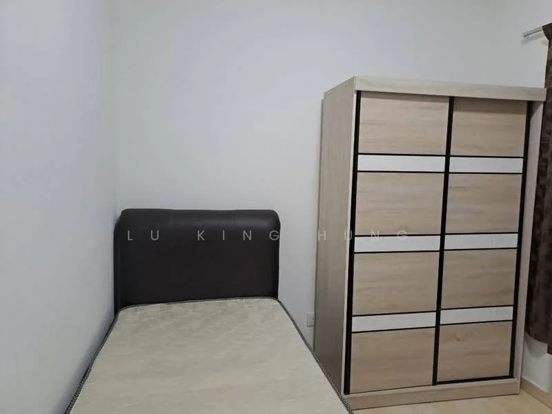 Bedroom features: single bed with brown upholstered headboard, cream mattress, light wood wardrobe with white and black accents, white painted walls, brown patterned curtains, carpeted flooring; style: modern.