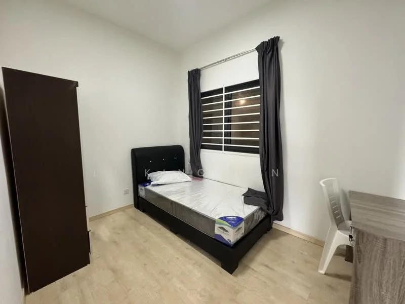 Bedroom features: single bed with mattress, black upholstered headboard, wooden flooring, white painted walls, floor-to-ceiling window with horizontal blinds, grey curtains, study desk, plastic chair, built-in wardrobe; style: modern.