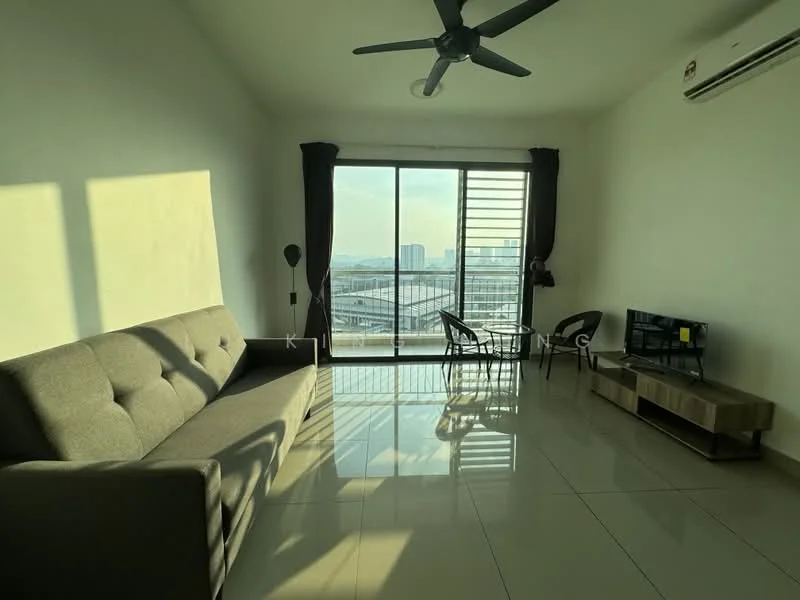 Living features: grey fabric sofa, floor-to-ceiling windows, blackout curtains, white painted walls, glossy tile flooring, ceiling fan, TV console, wall-mounted TV, decorative wall panel, 2 chairs, coffee table; style: modern; view: city.