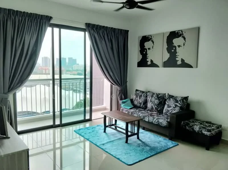 Living features: floor-to-ceiling windows, sliding glass door, grey curtains, 3-seater fabric sofa with floral pattern, coffee table, area rug in turquoise, wall-mounted TV, decorative artwork on wall, ceiling fan with light, polished tile flooring; style: modern; view: city.