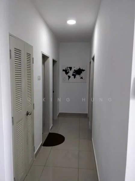 Hallway features: white painted walls, tile flooring, recessed ceiling lights, two wooden doors with louvered design, two plain doors, decorative wall map, round area rug, neutral color scheme; style: modern.