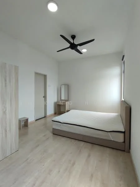 Bedroom features: wooden flooring, white painted walls, 5-blade ceiling fan, window with natural light, queen-size bed frame without mattress, mirror on dresser, built-in wardrobe, simple bedside table; style: minimalist.