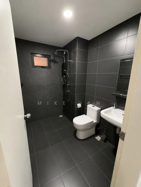 Bathroom features: black tiled walls, black tiled flooring, walk-in shower with glass enclosure, rain shower head, handheld shower, toilet, single-sink vanity with wall-mounted mirror, chrome basin mixer, small window, recessed ceiling lights; style: modern.