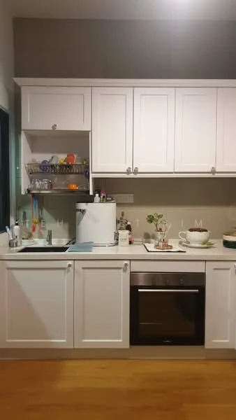 Kitchen features: white shaker cabinets, stainless-steel built-in oven, white countertop, single-bowl stainless-steel sink, chrome pull-down faucet, ceramic tile backsplash, open shelving, wooden flooring, kitchen utensils and decor items, microwave, dishwasher, recessed downlights; style: modern.