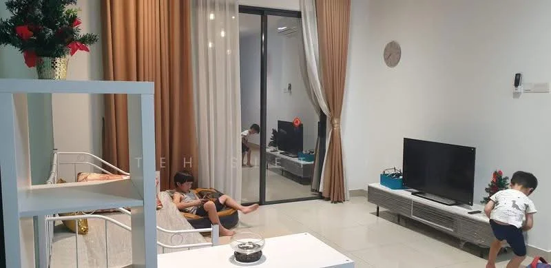 Living features: cream painted walls, white tiled flooring, floor-to-ceiling sliding glass door, light brown curtains, wall-mounted TV, TV console, coffee table, decorative Christmas tree, area rug, ceiling-mounted air conditioning unit, decorative wall clock; style: modern.