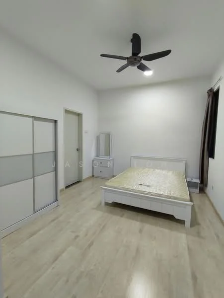 Bedroom features: queen-size bed with gold bedding, light wood flooring, white painted walls, ceiling fan with light, built-in wardrobe with sliding doors, window with dark curtains, door leading to hallway; style: modern.
