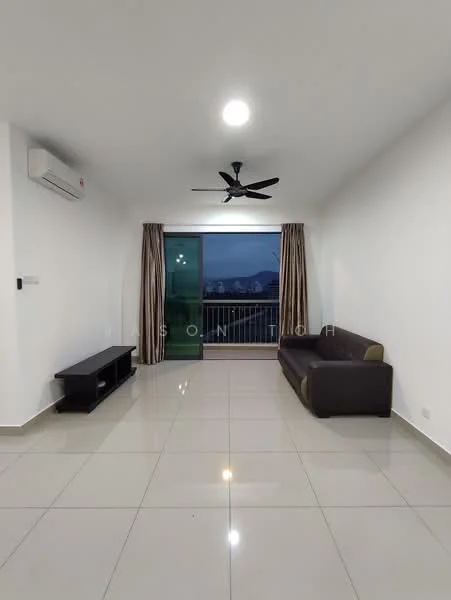 Living features: white painted walls, glossy ceramic tile flooring, 5-blade ceiling fan with light, floor-to-ceiling windows, curtains, sofa in brown, TV console in black, air conditioning unit on wall; style: modern; view: city.