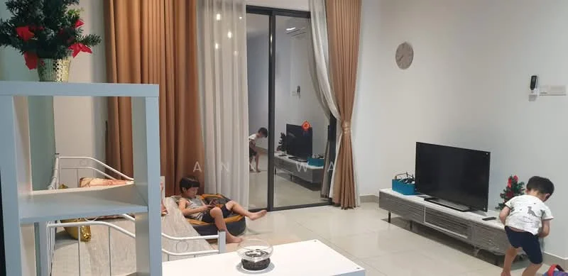 Living features: white painted walls, cream tiled flooring, floor-to-ceiling sliding glass door, sheer curtains, wall-mounted TV, TV console, coffee table, decorative Christmas tree, area rug, sofa, decorative wall clock; style: modern.