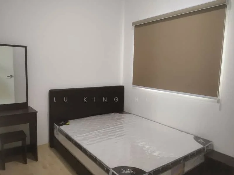 Bedroom features: queen-size bed, dark wood bed frame, mattress with protective cover, brown roller blinds, light wood flooring, mirror on dresser, dark wood dresser, small stool, white painted walls; style: modern.