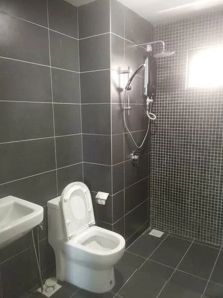 Bathroom features: grey ceramic tile flooring, grey tiled walls, mosaic tile accent wall, walk-in shower with glass enclosure, rain shower head, handheld shower, single-sink vanity with wall-mounted faucet, one-piece toilet, window for natural light; style: modern.