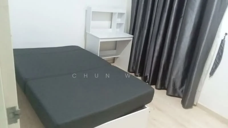 Bedroom features: queen-size bed with black bedding, white bed frame with storage drawers, study desk in white, grey curtains, light wood flooring, plain white walls, wall-mounted shelf, decorative tie hanging on the wall; style: minimalist.