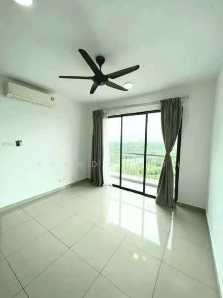 Room features: white painted walls, glossy ceramic tile flooring, 5-blade ceiling fan, floor-to-ceiling windows, sliding glass door, sheer curtains, air conditioning unit, natural light from window, view of greenery; style: modern; view: garden.