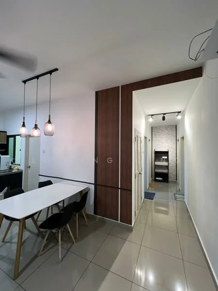 Dining features: white dining table with wooden legs, 4 black upholstered dining chairs, 3 pendant lights hanging above the table, white painted walls, grey tiled flooring, wooden accent wall, recessed lighting, open layout to kitchen; style: modern. Hallway features: grey tiled flooring, white painted walls, doorway leading to other rooms, recessed lighting; style: modern.