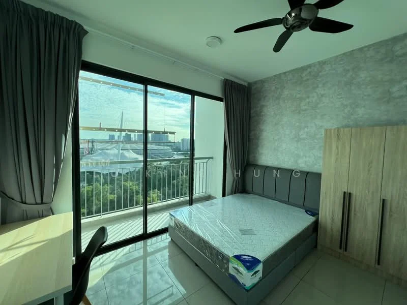 Bedroom features: queen-size bed, grey upholstered headboard, floor-to-ceiling windows, sliding glass door, curtains, wooden wardrobe, study desk, ceiling fan, tile flooring, concrete accent wall; style: modern; view: city.