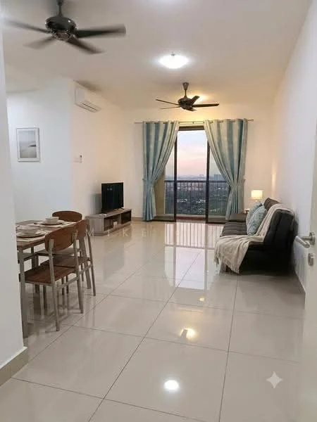 Living features: white painted walls, glossy tile flooring, 5-blade ceiling fan with light, sofa in dark brown, 2-seater fabric sofa, coffee table, TV console, wall-mounted TV, dining table with 4 chairs, floor-to-ceiling windows, sheer curtains, decorative lamps, area rug; style: modern; view: city.