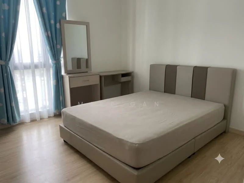 Bedroom features: queen-size bed with beige upholstered headboard, light wood flooring, white painted walls, floor-to-ceiling windows with sheer curtains, light blue curtains with white polka dots, wooden dressing table with mirror, single drawer in dressing table, natural light from window; style: modern.