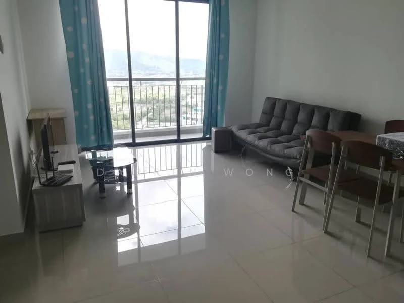Living features: grey fabric sofa, glass coffee table, TV console, floor-to-ceiling windows, curtains with polka dots, polished tile flooring, dining table with four chairs, mountain view; style: modern; view: mountain.