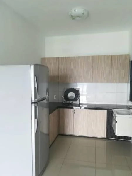 Kitchen features: stainless-steel fridge, wood cabinetry with light wood finish, black countertop, white ceramic sink, built-in stove with black surface, wall-mounted cabinet, tile backsplash, glossy tile flooring, ceiling light fixture; style: modern.