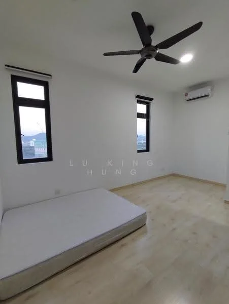 Bedroom features: light wood flooring, white painted walls, 2 windows with black frames, ceiling fan, wall-mounted split AC, unmade bed with mattress on the floor.