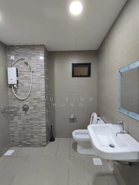 Bathroom features: shower with wall-mounted shower head, toilet, single-sink vanity with wall-mounted faucet, mirror with no frame, grey tiled walls, light grey floor tiles, window for natural light, wall-mounted water heater, towel rack, chrome faucet; style: modern.