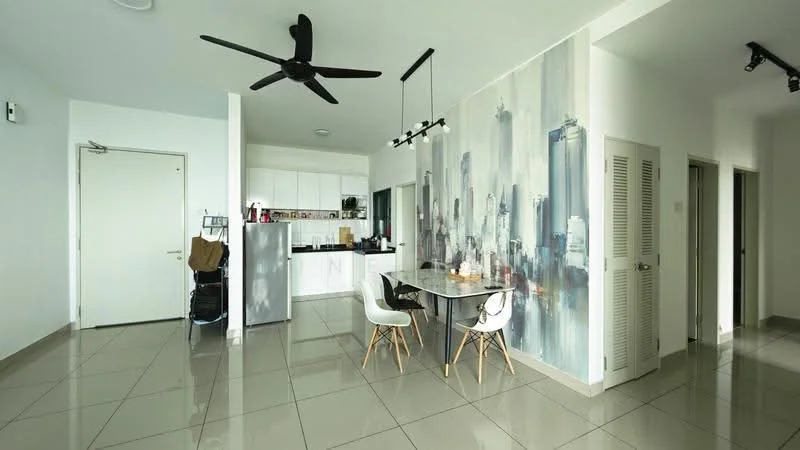 Living features: white painted walls, grey accent wall with cityscape mural, glossy tile flooring, 5-blade ceiling fan, dining table with white chairs, kitchen area with white cabinetry, stainless-steel fridge, black countertop, open layout, recessed lighting; style: modern; view: city.