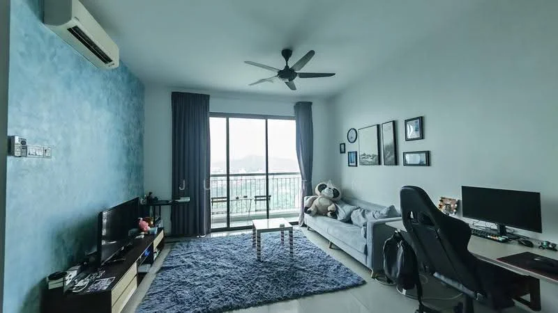 Living features: blue accent wall, light grey walls, white ceiling, 5-blade ceiling fan, floor-to-ceiling windows, sliding glass door, grey fabric sofa, coffee table, TV console, wall-mounted TV, area rug with fluffy texture, decorative wall art, black curtains, potted plant; style: modern; view: mountain.