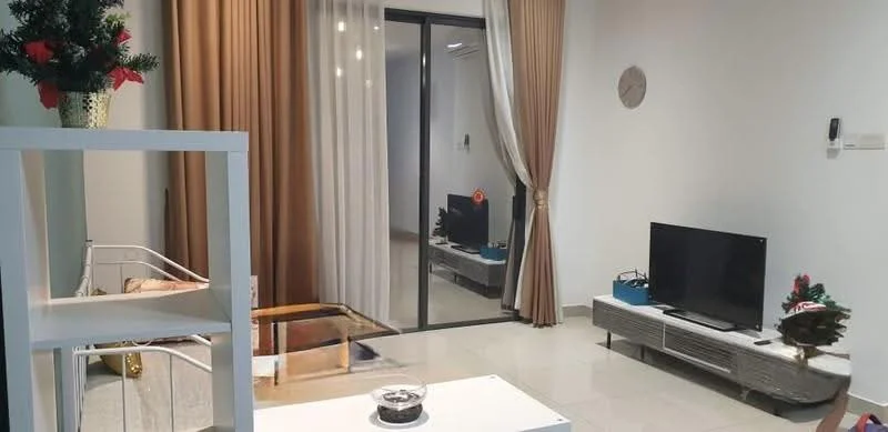 Living features: cream painted walls, white ceiling, glossy tile flooring, floor-to-ceiling sliding glass door, sheer curtains, TV console, wall-mounted TV, decorative plant, coffee table, area rug, light fixture, wall clock; style: modern.