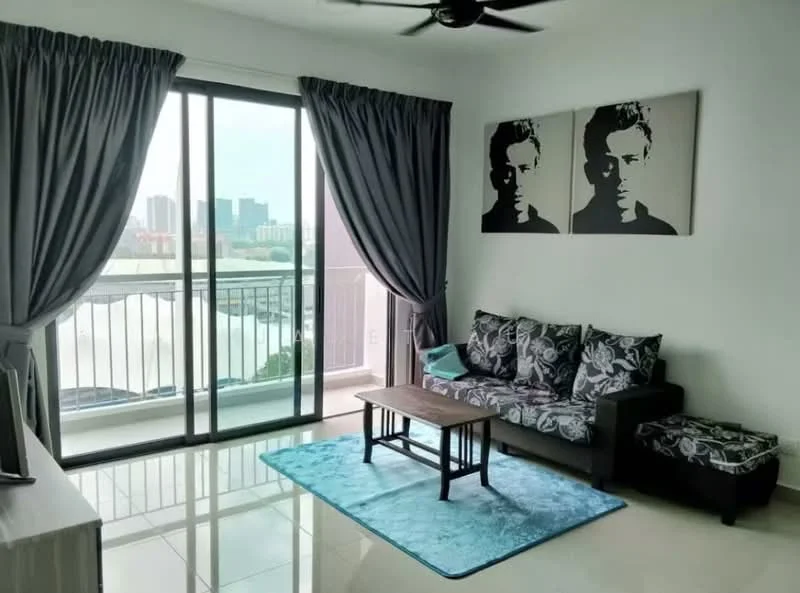 Living features: 3-seater fabric sofa with floral pattern, coffee table, area rug in blue, floor-to-ceiling sliding glass door, grey curtains, wall-mounted TV, decorative wall art, polished tile flooring, ceiling fan; style: modern; view: city.