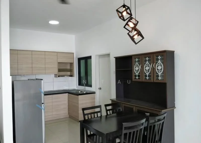 Kitchen features: laminate cabinetry in light wood finish, black granite countertop, single-bowl stainless-steel sink, chrome pull-down faucet, built-in oven, stainless-steel fridge, ceramic tile flooring, recessed downlights, pendant light fixture, black dining table with four chairs, glass-front display cabinet, window with black frame; style: modern.