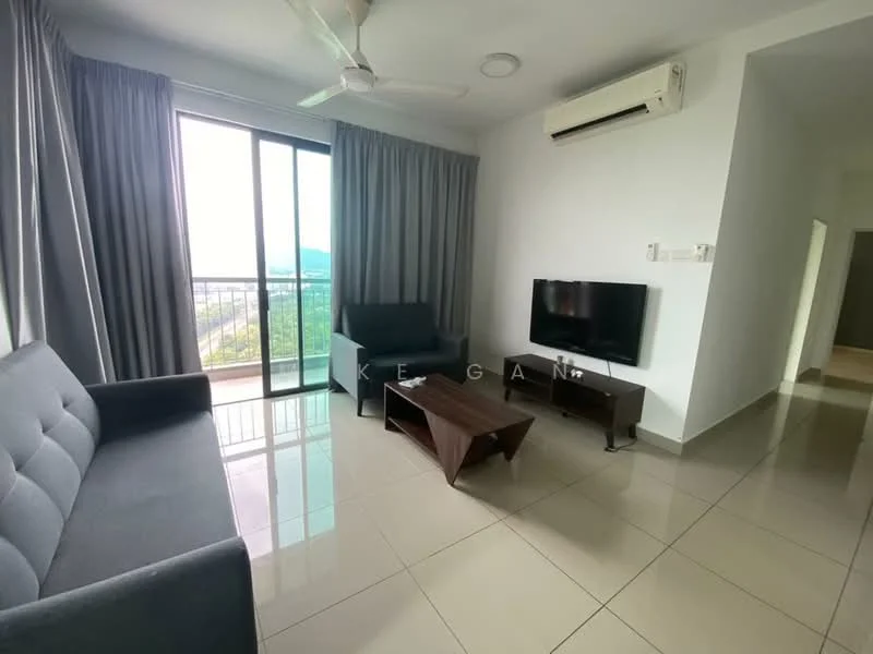 Living features: grey fabric 3-seater sofa, 2 armchairs, wooden coffee table, wall-mounted TV, floor-to-ceiling windows, curtains, ceiling fan, air conditioning unit, glossy tile flooring, neutral painted walls; style: modern; view: city.