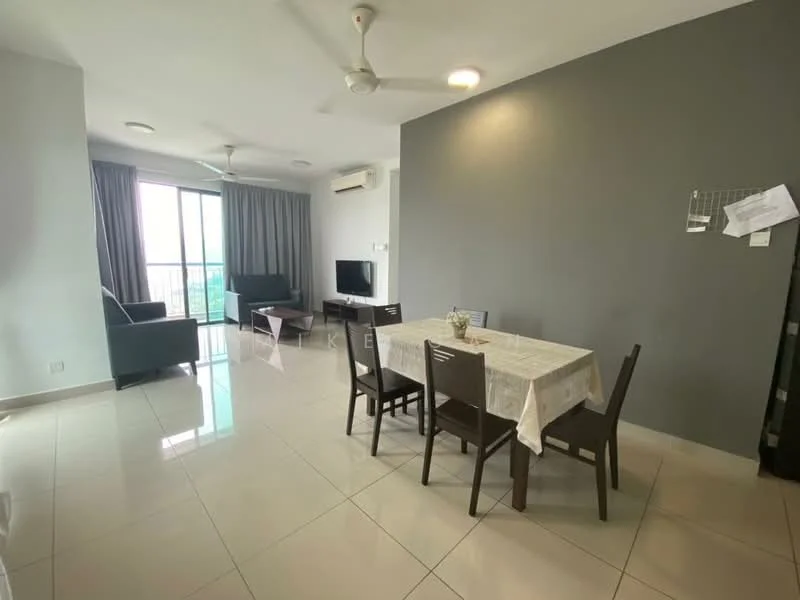 Dining features: 6-seater dining table, wooden dining chairs, white tablecloth, pendant light, floor-to-ceiling windows, grey accent wall, ceramic tile flooring, air conditioning unit, wall-mounted TV; style: modern; view: city. Living features: 2-seater fabric sofa in dark grey, 3-seater fabric sofa in dark grey, coffee table, curtains, ceiling fan; style: modern; view: city.