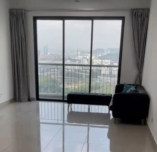 Living features: floor-to-ceiling windows, grey curtains, white painted walls, polished tile flooring, black sofa, city skyline view, sliding glass door, decorative cushion; style: modern; view: city.