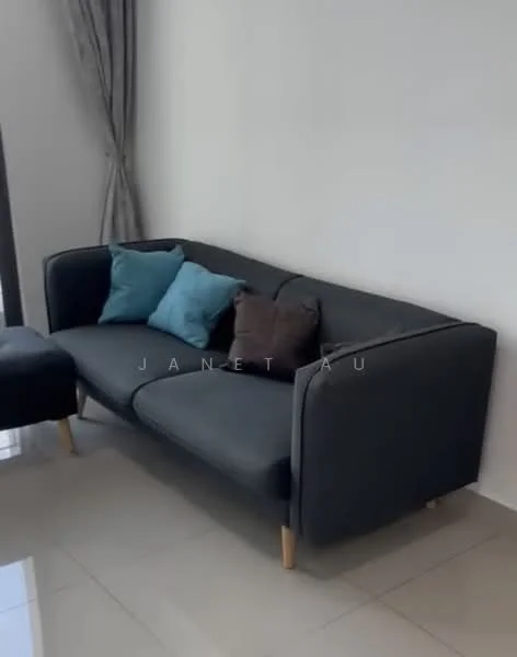 Living features: grey fabric sofa, two decorative cushions in blue, one decorative cushion in brown, light-colored wall, large window with sheer curtains, glossy tile flooring; style: modern.