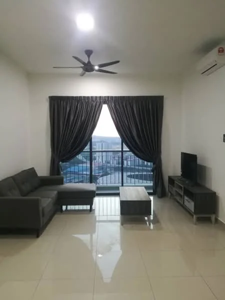 Living features: 3-seater fabric sofa in grey, coffee table, TV console, wall-mounted TV, floor-to-ceiling windows, curtains in grey, recessed downlights, wall-mounted split AC, glossy tile flooring, neutral painted walls, ceiling fan; style: modern; view: city.