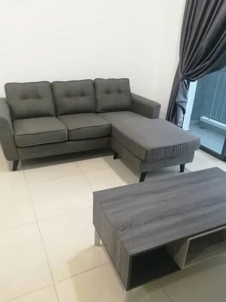 Living features: 3-seater fabric sofa in grey, sectional sofa with chaise, coffee table in grey wood finish, floor-to-ceiling windows, curtains in dark grey, tile flooring in light color, neutral wall color; style: modern.