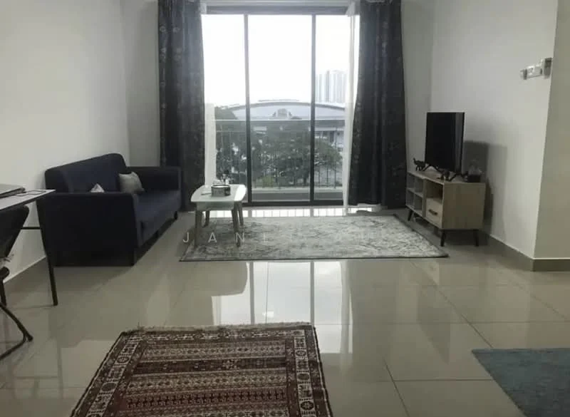 Living features: grey fabric sofa, glass coffee table, TV console, wall-mounted TV, area rug with geometric pattern, large sliding glass door, floor-to-ceiling windows, curtains, ceramic tile flooring, white painted walls; style: modern; view: city.