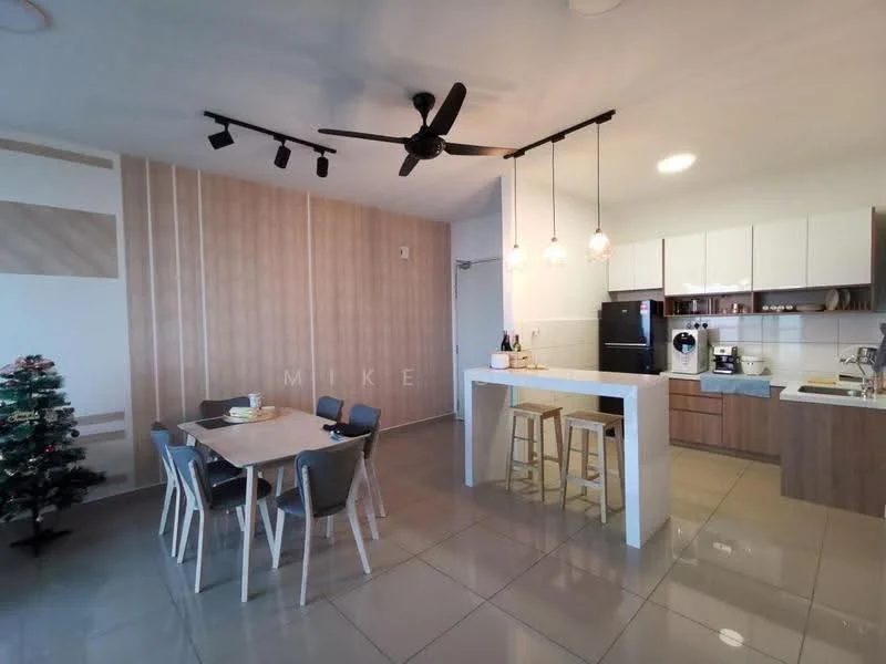 Kitchen features: white cabinets, wood cabinetry, stainless-steel fridge, built-in oven, freestanding range oven, microwave, white quartz countertop, kitchen island with seating, pendant lights, 5-blade ceiling fan, ceramic tile flooring, open-plan layout, dining table with 6 chairs, decorative Christmas tree; style: modern.