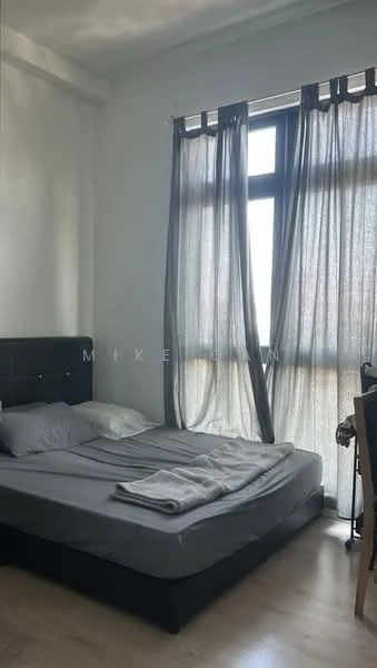 Bedroom features: queen-size bed, grey bed frame, white bedding, floor-to-ceiling window, sheer curtains, wooden flooring, decorative wall, study desk, chair; style: modern.