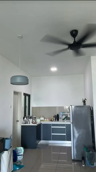 Kitchen features: grey cabinetry, stainless-steel fridge, built-in countertop, ceramic tile flooring, pendant light fixture, 5-blade ceiling fan, sink, kitchen appliances, open shelving, wall-mounted cabinets; style: modern.