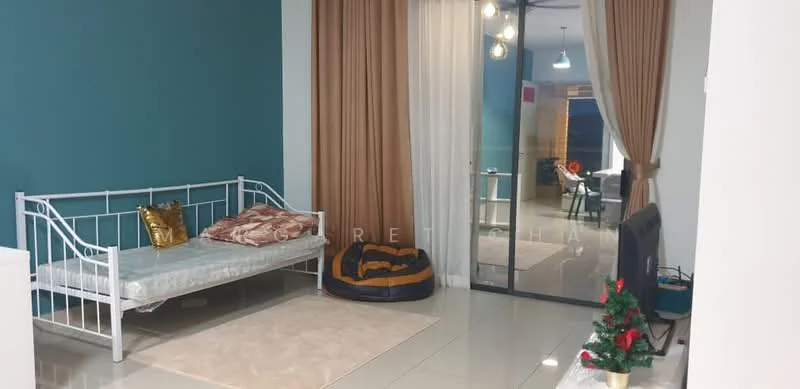 Living features: white metal daybed with mattress, gold decorative cushion, beige area rug, blue accent wall, floor-to-ceiling glass sliding door, sheer curtains, brown curtain drapes, beige bean bag chair, flat-screen TV on stand, decorative Christmas tree; style: modern.