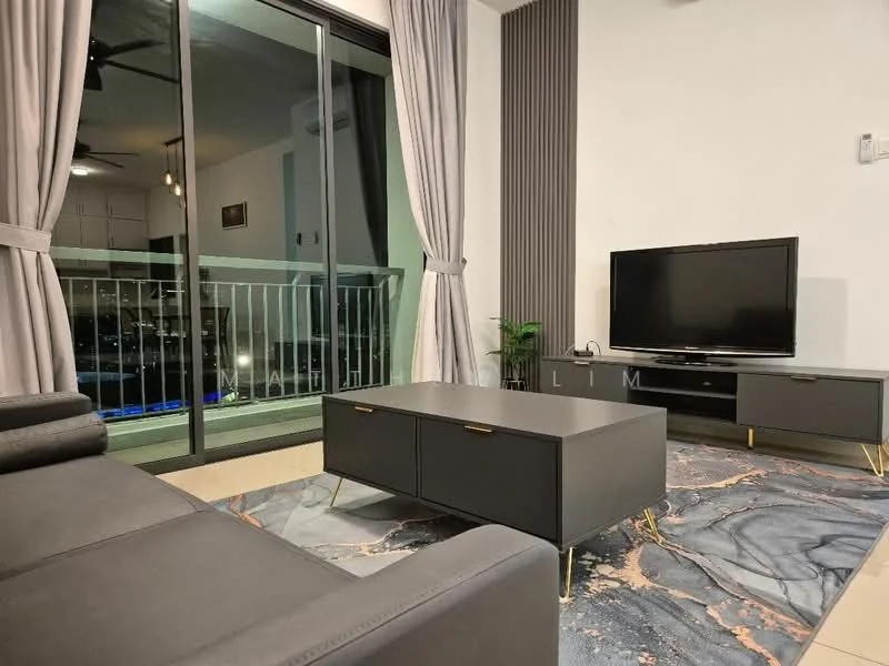 Living features: grey fabric sofa, coffee table with storage, TV console, wall-mounted TV, area rug with marble pattern, floor-to-ceiling windows, curtains, indoor plant, recessed downlights, ceiling fan; style: modern; view: city.