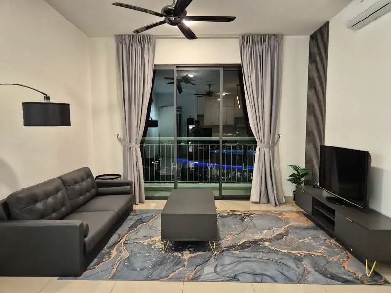 Living features: 3-seater fabric sofa in grey, coffee table with black surface, area rug with abstract pattern, floor-to-ceiling windows, sliding glass door, curtains in light grey, ceiling fan with light, wall-mounted TV, TV console in dark finish, decorative plant in pot; style: modern; view: city.