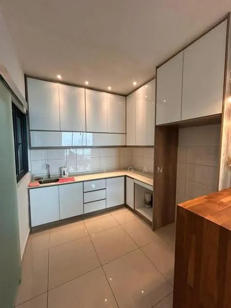 Kitchen features: white high-gloss cabinetry, wooden countertop, single-bowl stainless-steel sink, chrome pull-down faucet, ceramic tile backsplash, recessed LED downlights, built-in oven, stainless-steel refrigerator, grey ceramic tile flooring, floor-to-ceiling windows, open shelving, drawer storage; style: modern.