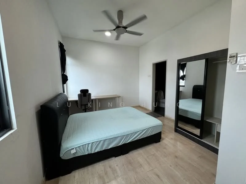 Bedroom features: queen-size bed, upholstered headboard, 5-blade ceiling fan with light, desk with chair, full-length mirror, wooden flooring, white painted walls, blackout curtains, window with natural light; style: modern.